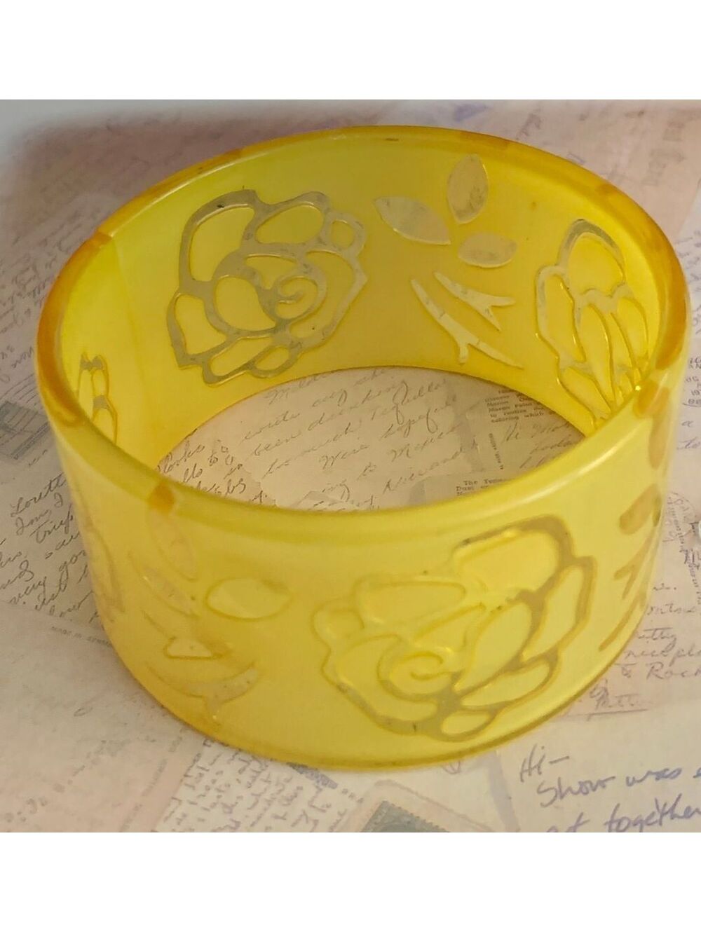Vintage Yellow Carved Rose Lucite Bangle Bracelet With Floral Insert
